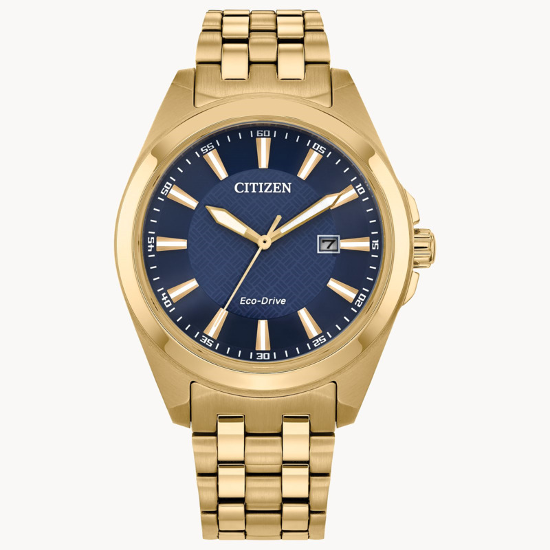 MEN S ECO DRIVE PEYTEN WATCH GOLD TONE STAINLESS STEEL CASE AND BRACELET WITH BLUE DIAL