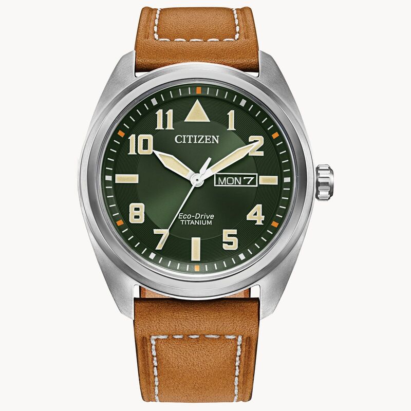 MEN'S CITIZEN ECO DRIVE AVION COLLECTION STAINLESS STEEL CASE  TAN LEATHER STRAP  AND GREEN DIAL