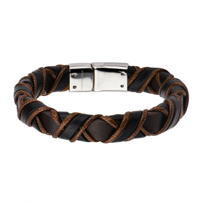 STAINLESS STEEL CLASP WITH WOVEN BLACK AND LIGHT BROWN LEATHER 8.5
