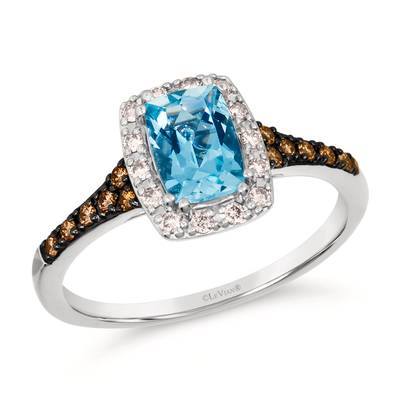 LE VIAN 14K VANILLA GOLD HALO RING SIZE 7 ONE 0.70CT CUSHION SEA BLUE AQUAMARINE  14=0.11TW ROUND VS2-SI1 NUDE DIAMONDS  AND 12=0.11TW ROUND CHOCOLATE SI1 DIAMONDS  (2.57 GRAMS)