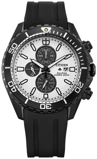 MENS ECO DRIVE PROMASTER DIVE WATCH BLACK TONE STAINLESS CASE WITH WHITE DIAL AND BLACK SILICONE STRAP