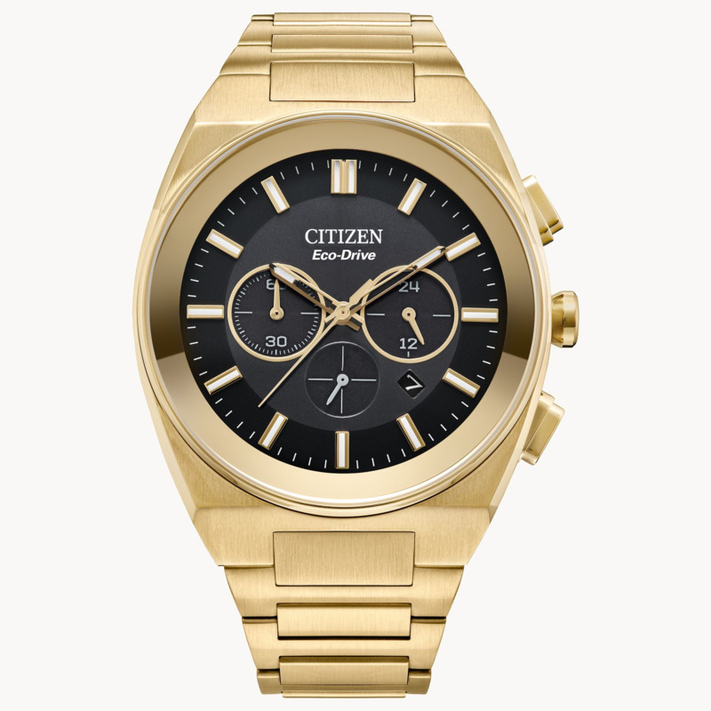 MEN'S ECO DRIVE AXIOM SC WATCH GOLD TONE STAINLESS STEEL CASE AND BRACELET WITH BLACK DIAL