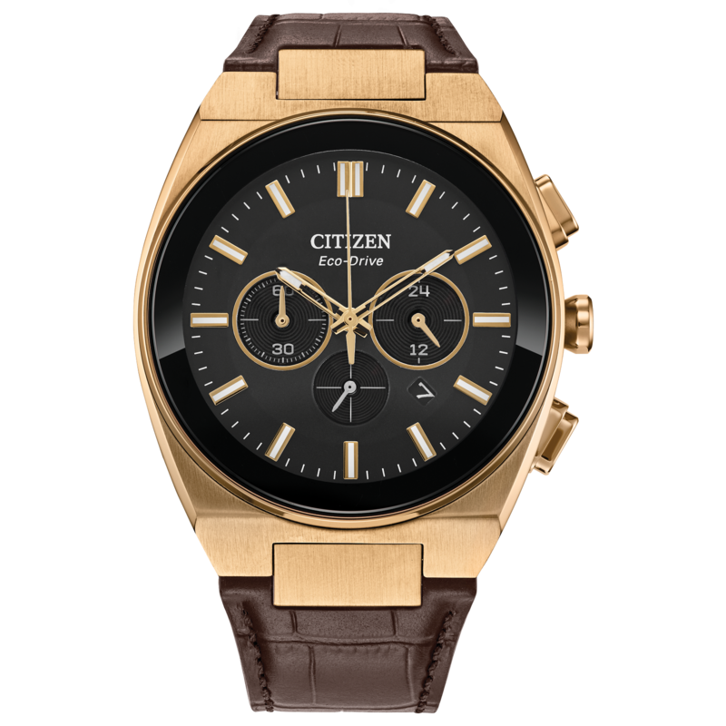 MEN'S CITIZEN AXIOM SC ECO DRIVE WATCH ROSE TONE STAINLESS STEEL CASE WITH BLACK DIAL AND BROWN LEATHER STRAP