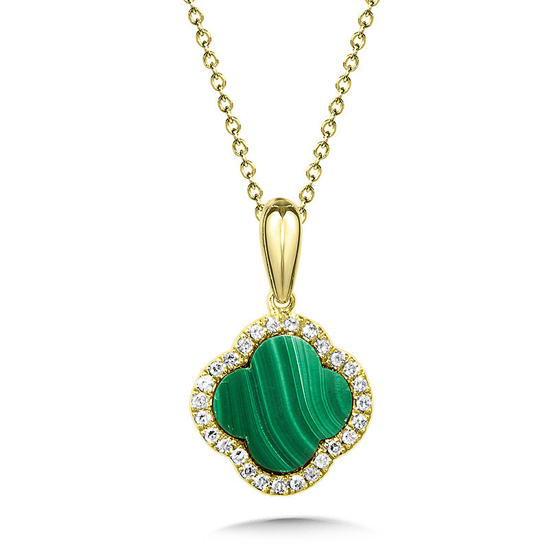 14K YELLOW GOLD HALO PENDANT WITH ONE 0.90CT CLOVER SHAPED MALACHITE AND 27=0.08TW ROUND H-I I1 DIAMONDS