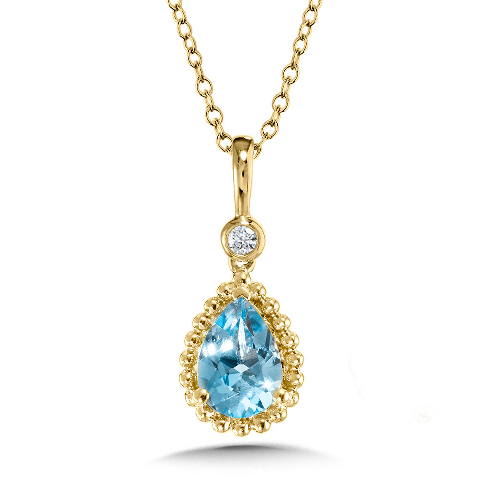 14K YELLOW GOLD DROP PENDANT WITH ONE 0.62CT PEAR BLUE TOPAZ AND ONE 0.02CT ROUND I I1 DIAMOND