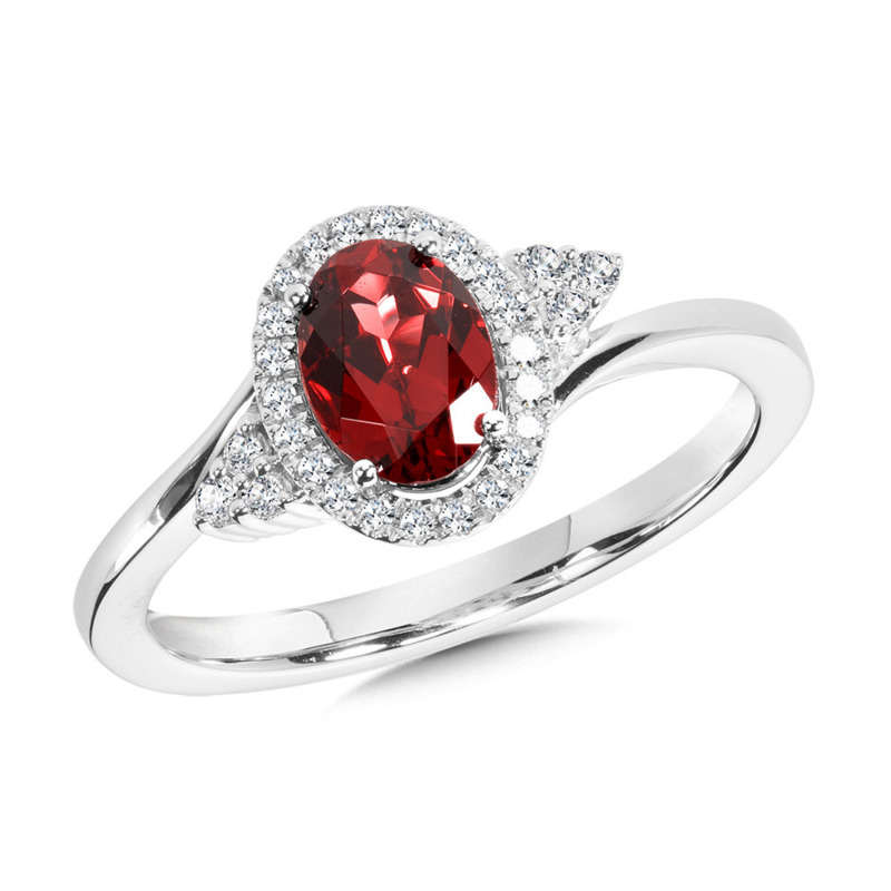 14K WHITE GOLD HALO RING SIZE 7 WITH ONE 0.90CT OVAL GARNET AND 28=0.10TW ROUND H-I I1 DIAMONDS   (3.27 GRAMS)