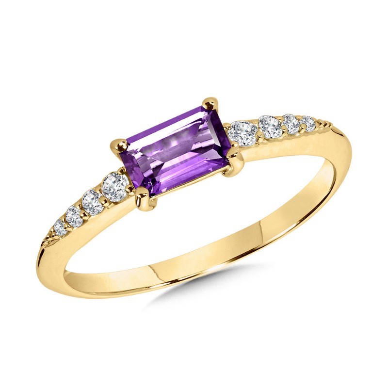 14K YELLOW GOLD RING SIZE 7 WITH ONE 0.38CT BAGUETTE AMETHYST AND 8=0.10TW ROUND G-H I1 DIAMONDS   (1.61 GRAMS)