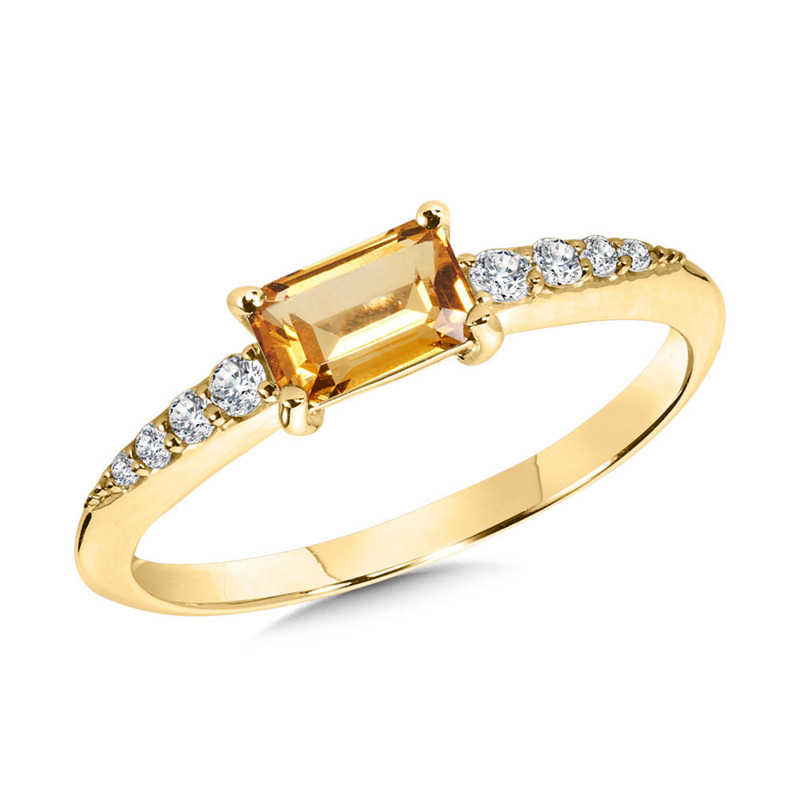 14K YELLOW GOLD RING SIZE 7 WITH ONE 0.37CT BAGUETTE CITRINE AND 8=0.10TW ROUND H-I I1 DIAMONDS   (1.67 GRAMS)