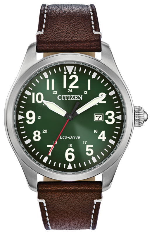 MEN'S CITIZEN ECO DRIVE CHANDLER STYLE GREEN ROUND DIAL WITH DATE BROWN LEATHER STRAP