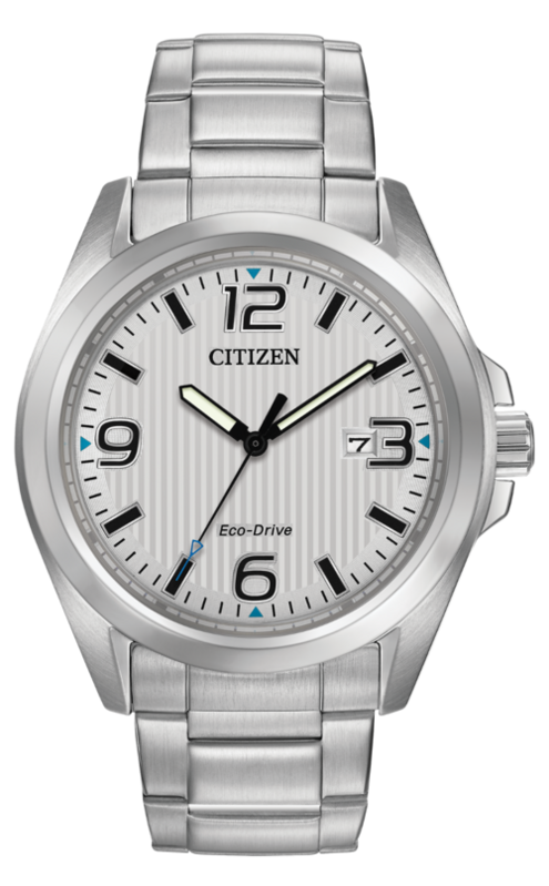 MEN'S CITIZEN ECO DRIVE STAINLESS STEEL WITH SILVER DIAL AND DATE FEATURE