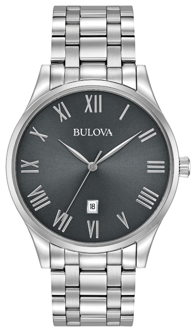 MEN'S BULOVA CLASSIC COLLECTION STAINLESS STEEL WITH DATE ROMAN NUMERALS ON GUNMETAL DIAL
