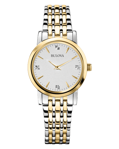 LADIES BULOVA WATCH CLASSIC COLLECTION IN STAINLESS STEEL WITH TWO-TONE FINISH  4 DIAMONDS INDIVIDUALLY HAND-SET ON SILVER-WHITE PATTERNED DIAL  AND LOCKING FOLD-OVER CLASP