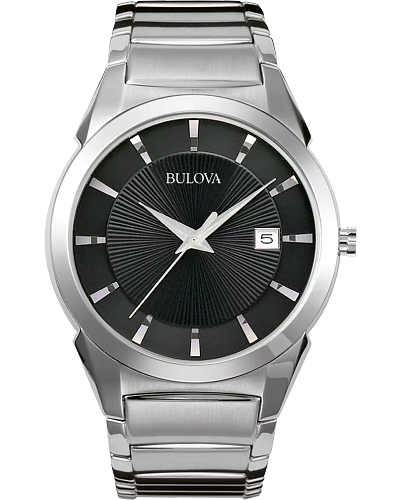 GENTS BULOVA WATCH STAINLESS STEEL CASE AND BRACELET STRAP WITH BLACK DIAL