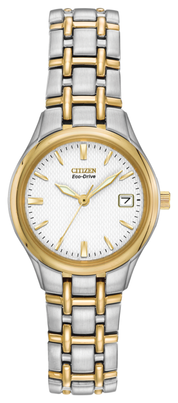 CITIZEN ECO DRIVE LADIES STAINLESS STEEL WITH YELLOW TONE  DATE  AND WHITE DIAL