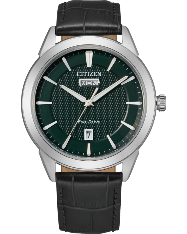 CITIZEN ECO DRIVE CORSO STAINLESS STEEL BEZEL WITH GREEN DIAL AND BLACK LEATHER STRAP