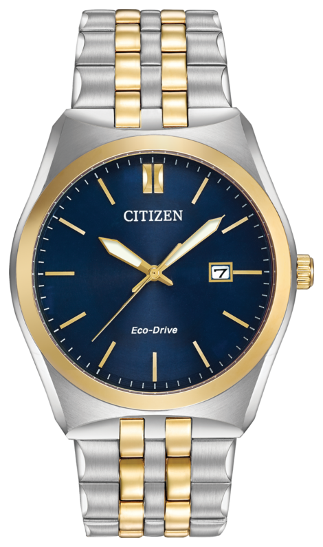 CITIZEN GENTS ECO-DRIVE BLUE DIAL YELLOW/SILVER TONE METAL BAND STAINLESS STEEL