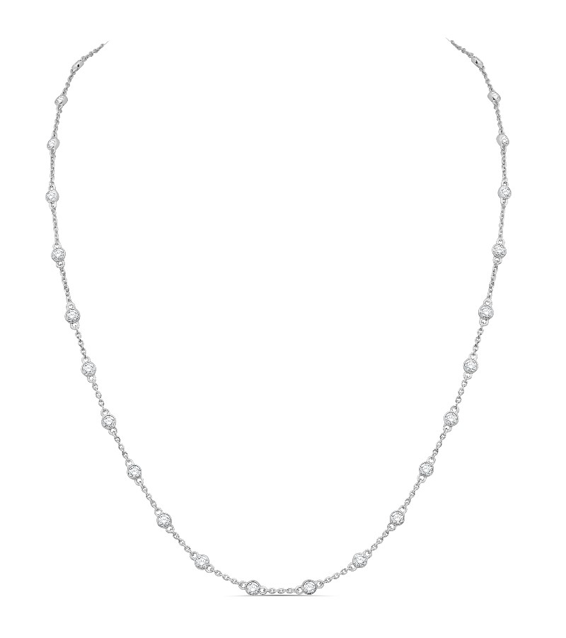 14K WHITE GOLD BEZEL DIAMOND NECKLACE WITH 66=2.03TW ROUND H-I I1 DIAMONDS ON A 14KT 36