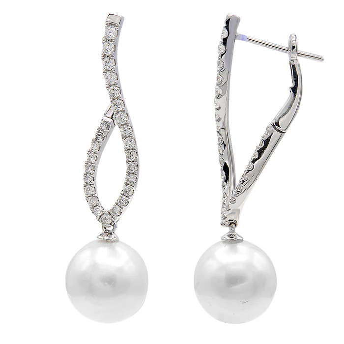 18K WHITE GOLD TWIST EARRING WITH 2 = 10.00-11.00MM FRESH WATER PEARLS AND 50 = 0.70TW ROUND H-I SI1-SI2 DIAMONDS