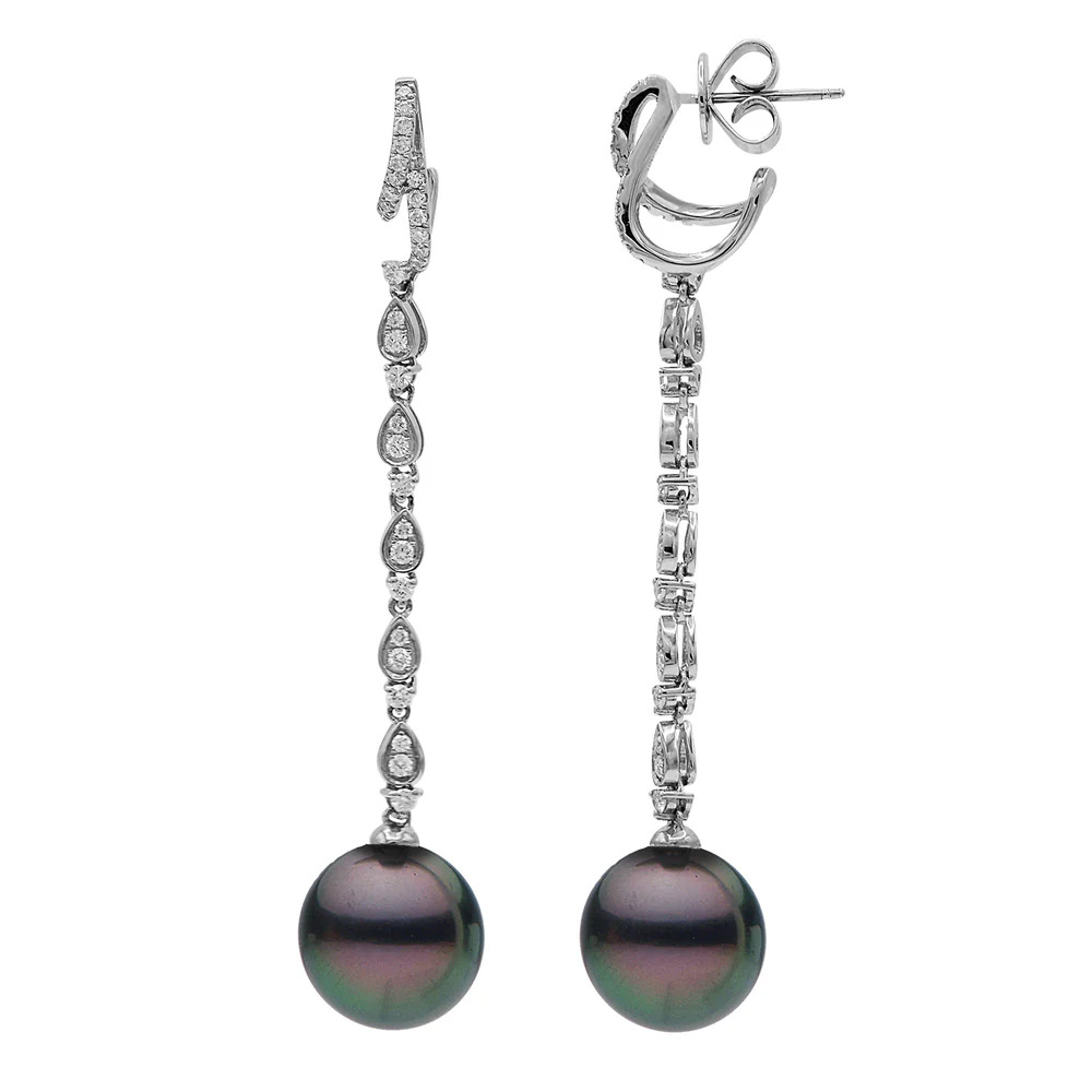 18K WHITE GOLD DANGLE EARRING WITH 2 = 11.00-12.00MM TAHITIAN PEARLS AND 68 = 0.58TW ROUND H-I SI2-I1 DIAMONDS