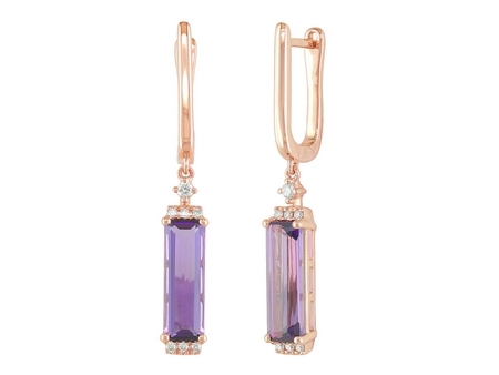 14K ROSE GOLD DANGLE EARRINGS WITH 2 = 2.63TW BAGUETTE AMETHYSTS AND 14 = 0.09TW ROUND H SI2 DIAMONDS   (3.67 GRAMS)