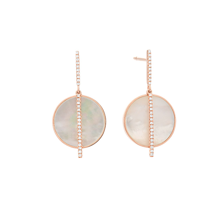 14K ROSE GOLD DROP EARRINGS WITH 2= ROUND MOTHER OF PEARLS AND 56=0.15TW SINGLE CUT H SI1-SI2 DIAMONDS  (2.92 GRAMS)