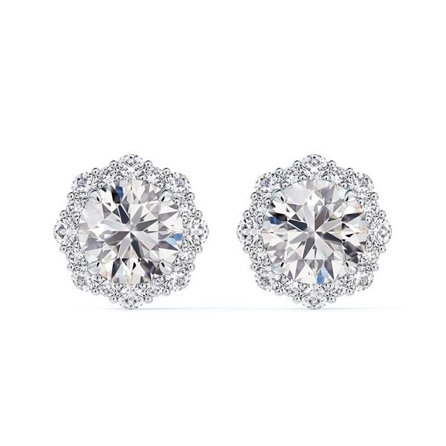 PLATINUM FOREVERMARK FLORAL HALO DIAMOND EARRINGS WITH ONE 0.12CT ROUND G SI1 DIAMOND INSCRIPTION: 78512636  ONE 0.12CT ROUND G SI1 DIAMOND INSCRIPTION: 22816176 AND 32=0.09TW ROUND G-H SI1-SI2 DIAMONDS