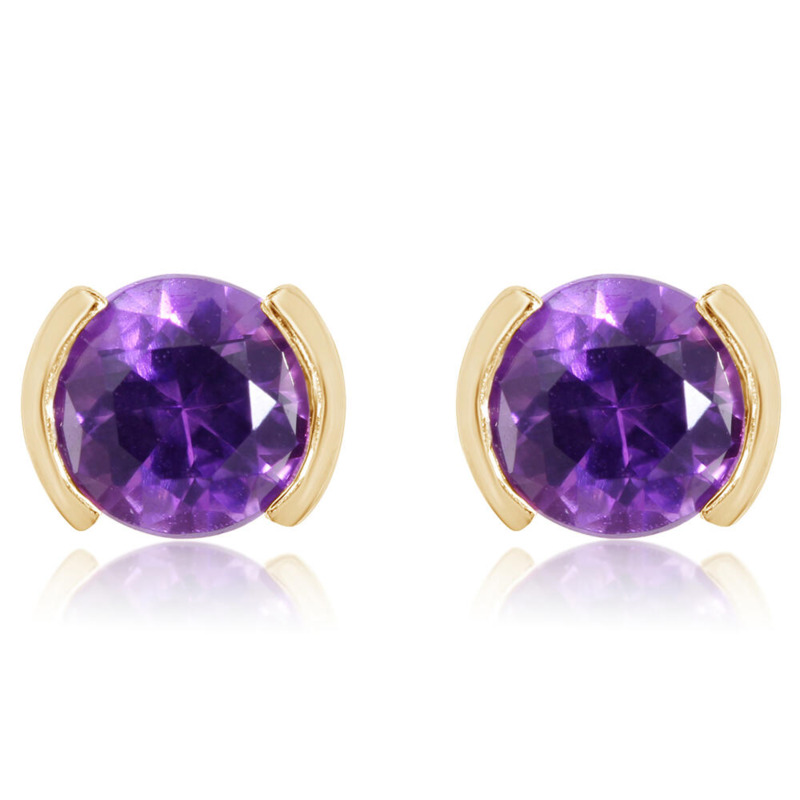 14K YELLOW GOLD STUD EARRINGS WITH 2=0.40TW ROUND AMETHYSTS  (1.10 GRAMS)