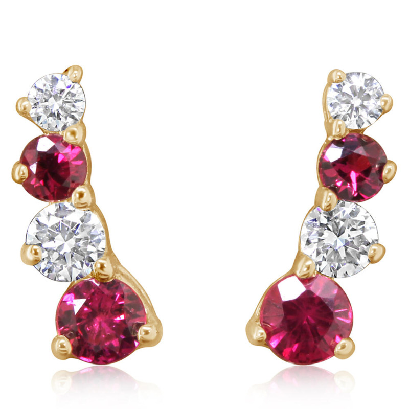 14K YELLOW GOLD STUD EARRINGS WITH 4=0.28TW ROUND RUBYS AND 4=0.09TW ROUND F-G SI1 DIAMONDS   (0.77 GRAMS)