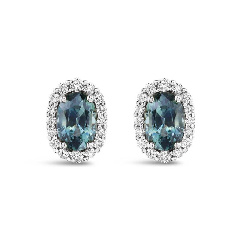 14K WHITE GOLD STUD EARRINGS WITH 2 = 1.22TW OVAL MONTANA SAPPHIRES AND 32 = 0.22TW ROUND G-H SI1 DIAMONDS   (1.43 GRAMS)
