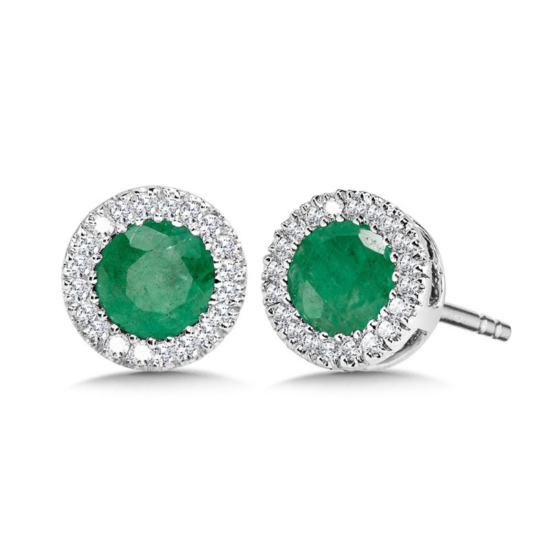 14K WHITE GOLD HALO STUD EARRINGS WITH 2=0.65TW ROUND EMERALDS AND 40=0.10TW SINGLE CUT H-I I1 DIAMONDS   (1.50 GRAMS)
