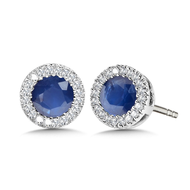 14K WHITE GOLD HALO STUD EARRINGS WITH 2=0.53TW ROUND BLUE SAPPHIRES AND 40=0.10TW SINGLE CUT H-I I1 DIAMONDS   (1.49 GRAMS)
