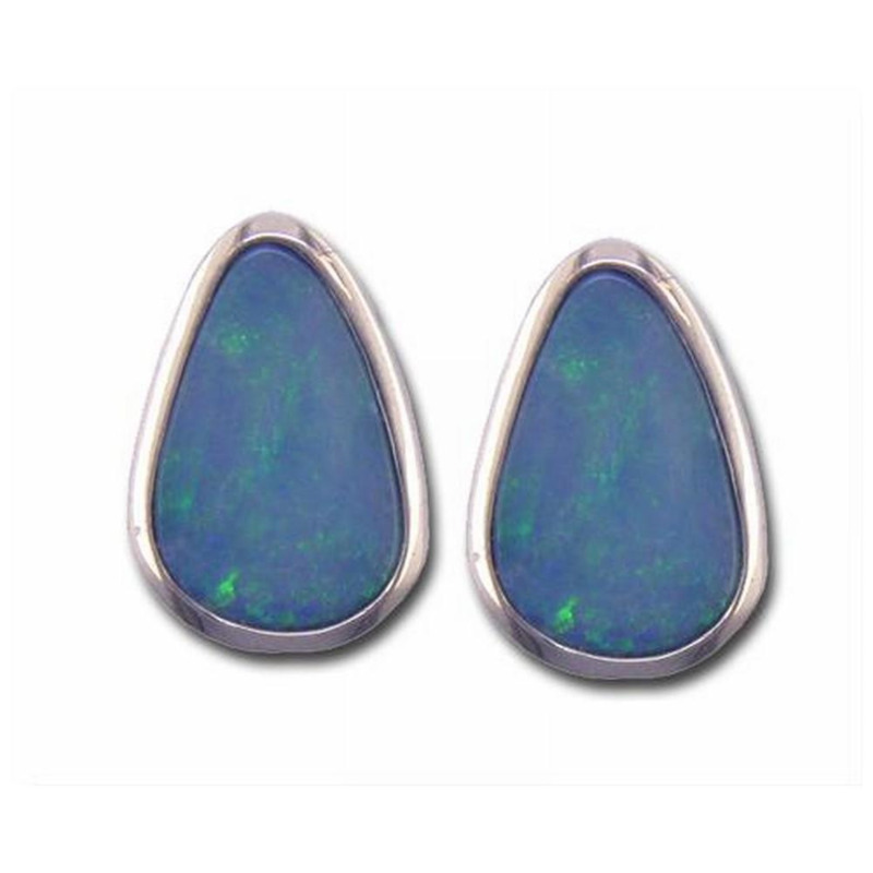 14K WHITE GOLD STUD EARRINGS WITH 2= FREEFORM AUSTRALIAN OPAL DOUBLETS  (2.80 GRAMS)