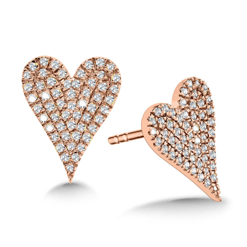 10K ROSE GOLD HEART DIAMOND EARRINGS WITH 110=0.25TW SINGLE CUT H-I I1 DIAMONDS   (1.53 GRAMS)