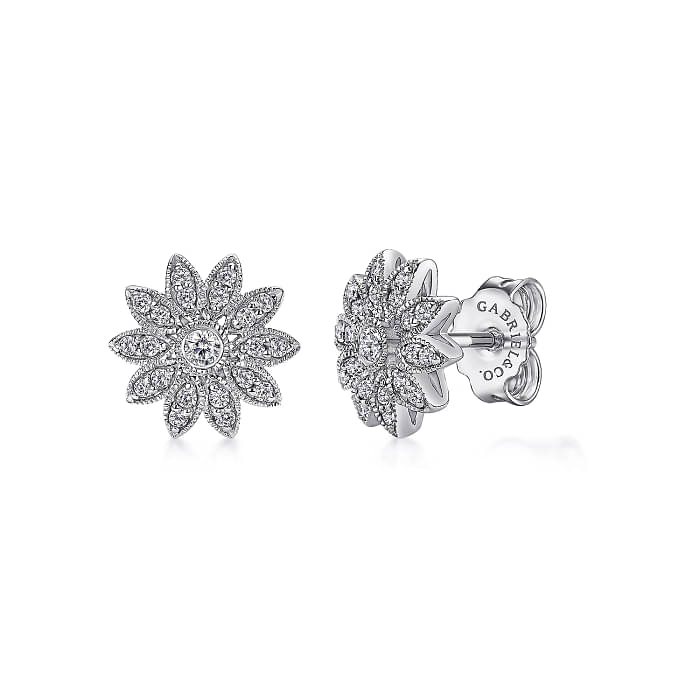 STERLING SILVER MILGRAIN FLOWER STUD EARRINGS WITH 42= ROUND WHITE SAPPHIRES   (1.55 GRAMS)