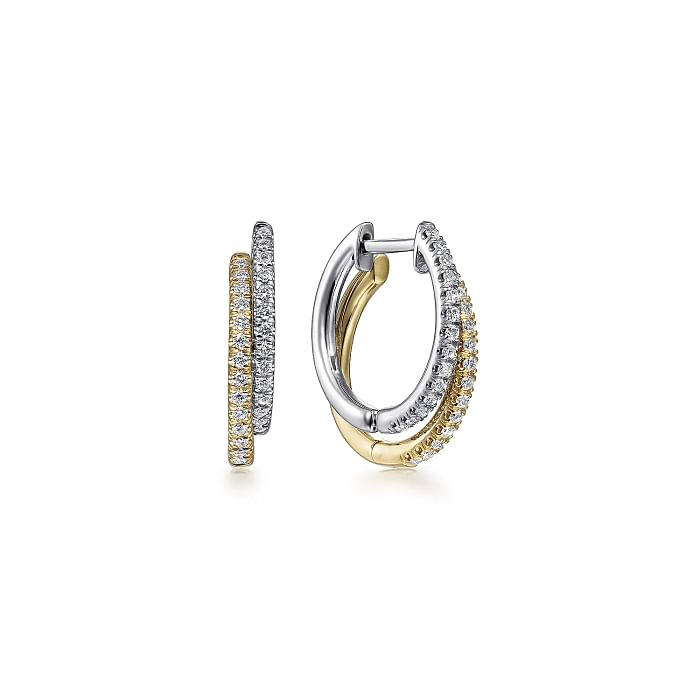 14K YELLOW & WHITE GOLD 15MM LAYERED HUGGIE DIAMOND EARRINGS WITH 56=0.28TW ROUND H SI2 DIAMONDS   (3.77 GRAMS)
