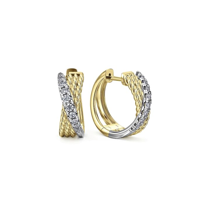 14K YELLOW & WHITE GOLD TWISTED 15MM HUGGIE DIAMOND EARRINGS WITH 20=0.24TW ROUND H SI2 DIAMONDS    (3.69 GRAMS)