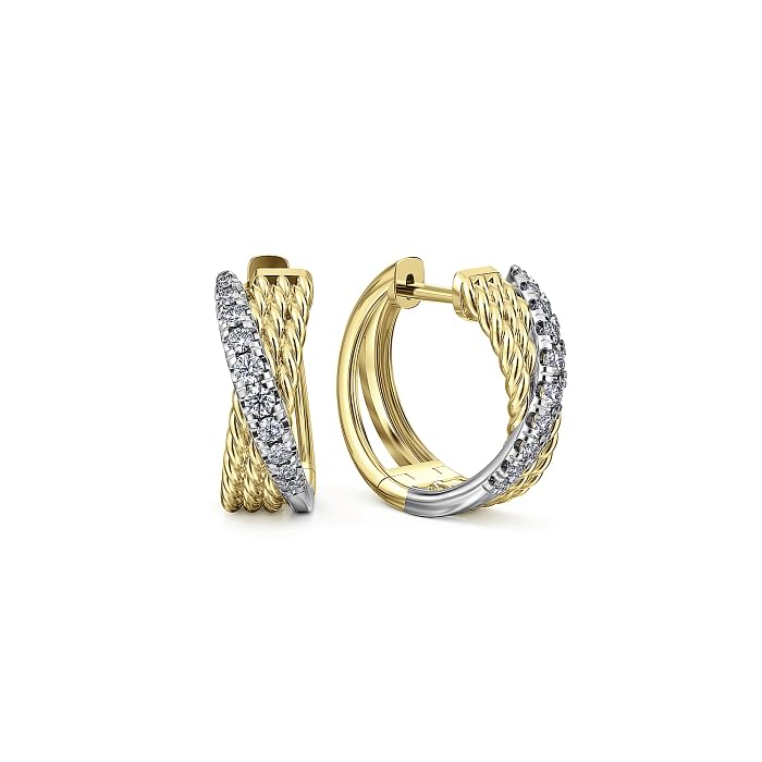 14K YELLOW & WHITE GOLD TWISTED 15MM HUGGIE DIAMOND EARRINGS WITH 20=0.25TW ROUND H SI2 DIAMONDS    (3.76 GRAMS)