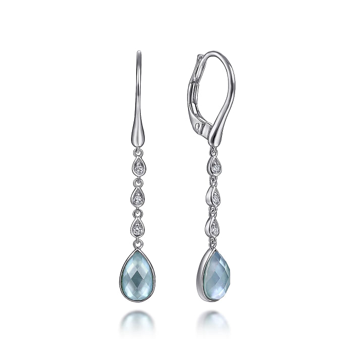GABRIEL & CO VICTORIAN COLLECTION STERLING SILVER DANGLE EARRINGS WITH 2=2.23TW PEAR MOTHER OF PEARLS GREEN ONYX AND 6=0.12TW PEAR WHITE SAPPHIRES   (2.84 GRAMS)