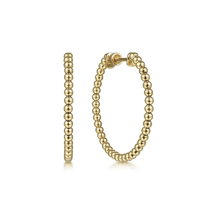 14K YELLOW GOLD 30MM BEADED HOOP EARRINGS  (4.35 GRAMS)