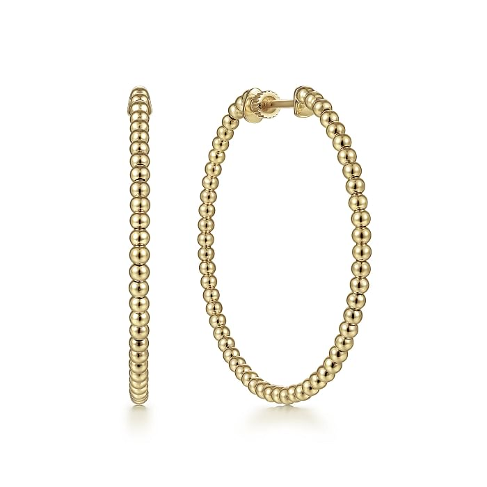 14K YELLOW GOLD 40MM BEADED HOOP EARRINGS   (5.35 GRAMS)