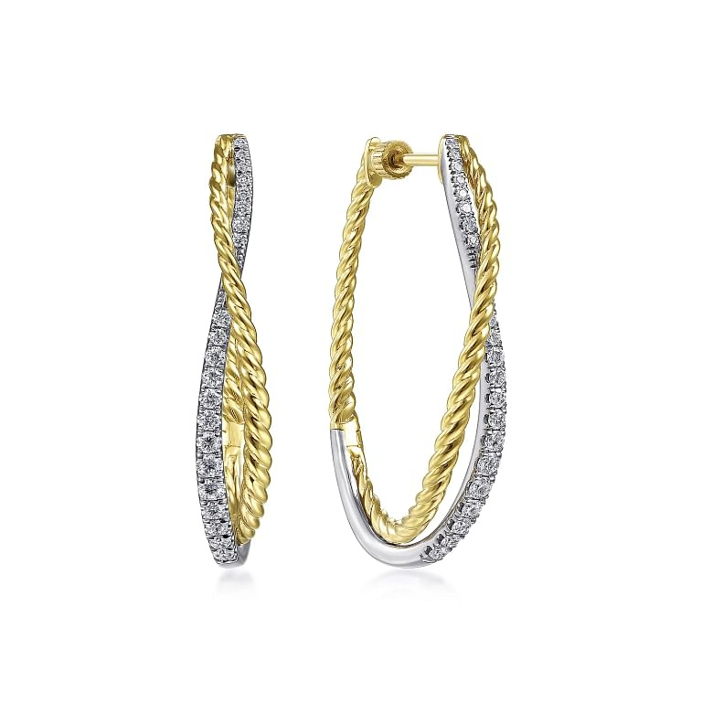 14K YELLOW & WHITE GOLD 35MM TWIST HOOP DIAMOND EARRINGS WITH 42=0.60TW ROUND H SI2 DIAMONDS   (9.02 GRAMS)