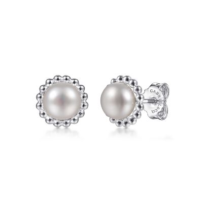 BUJUKAN COLLECTION STERLING SILVER BEADED STUD EARRINGS WITH 2=0.50TW CULTURED WHITE PEARLS  (1.69 GRAMS)