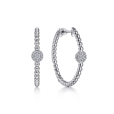 STERLING SILVER BEADED 30MM HOOP EARRINGS WITH 38=0.17TW ROUND WHITE SAPPHIRES  (6.07 GRAMS)