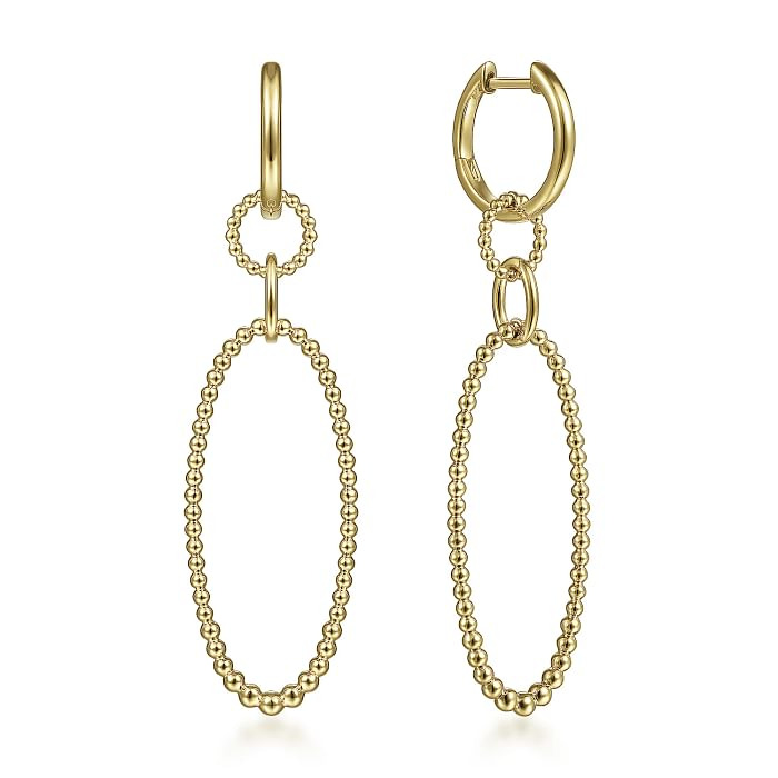 14K YELLOW GOLD HUGGIE BEADED DANGLE EARRINGS    (6.11 GRAMS)