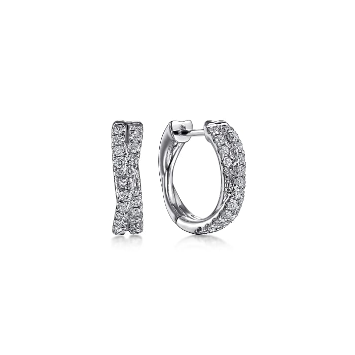 GABRIEL & CO LUSSO COLLECTION 14K WHITE GOLD CRISS CROSS 15MM HUGGIE DIAMOND EARRINGS WITH 46=0.52TW ROUND H-I SI2 DIAMONDS   (4.02 GRAMS)