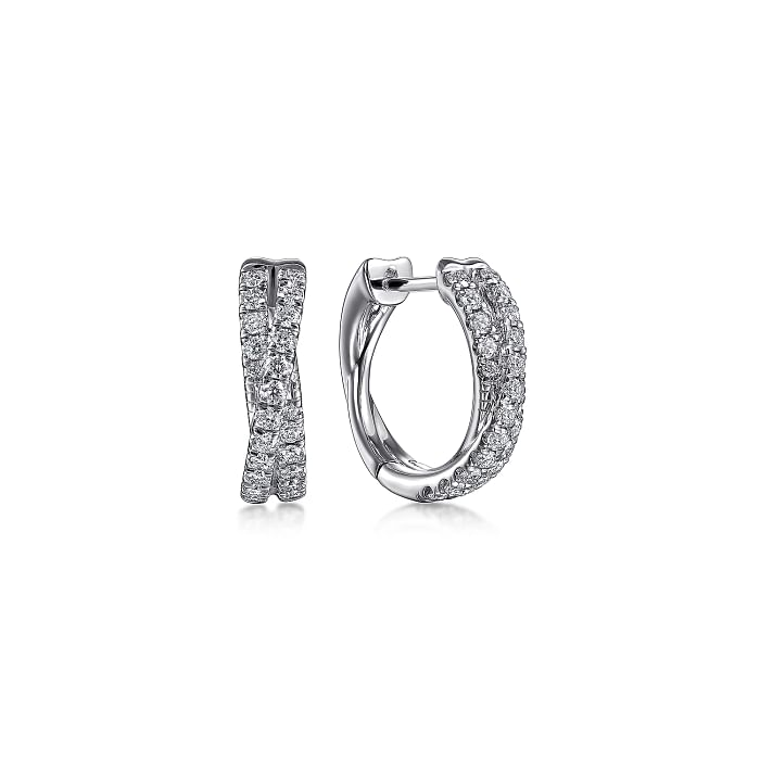 14K WHITE GOLD CRISS CROSS 15MM HUGGIE DIAMOND EARRINGS WITH 46=0.52TW ROUND H-I SI2 DIAMONDS   (3.84 GRAMS)