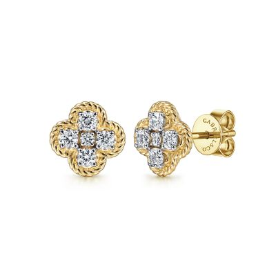 14K YELLOW GOLD ROPE STUD QUATREFOIL DIAMOND EARRINGS WITH 10=0.49TW ROUND H SI2 DIAMONDS   (2.66 GRAMS)