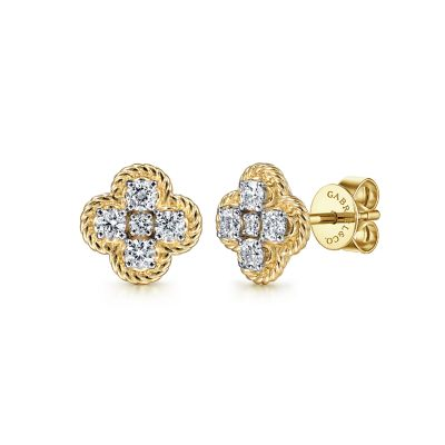 GABRIEL & CO HAMPTON COLLECTION 14K YELLOW GOLD ROPE STUD QUATREFOIL DIAMOND EARRINGS WITH 10=0.50TW ROUND H SI2 DIAMONDS   (2.68 GRAMS)