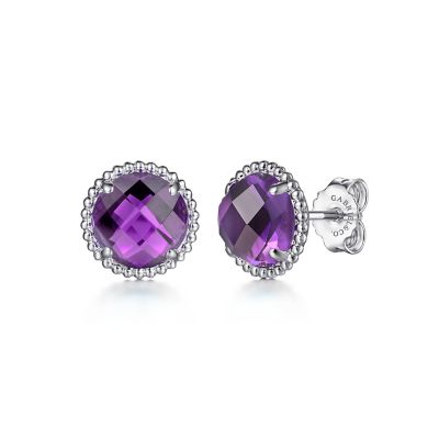 GABRIEL & CO BUJUKAN COLLECTION STERLING SILVER BEADED STUD EARRINGS WITH 2=4.04TW ROUND AMETHYSTS  (2.43 GRAMS)