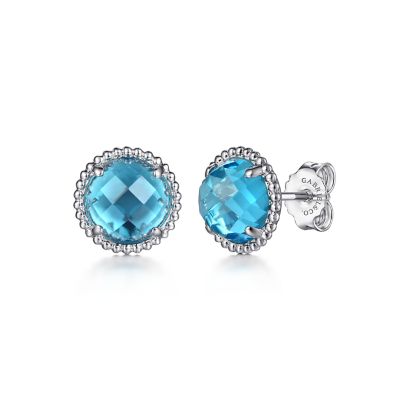 BUJUKAN COLLECTION STERLING SILVER BEADED STUD EARRINGS WITH 2=5.38TW ROUND BLUE TOPAZS  (2.63 GRAMS)